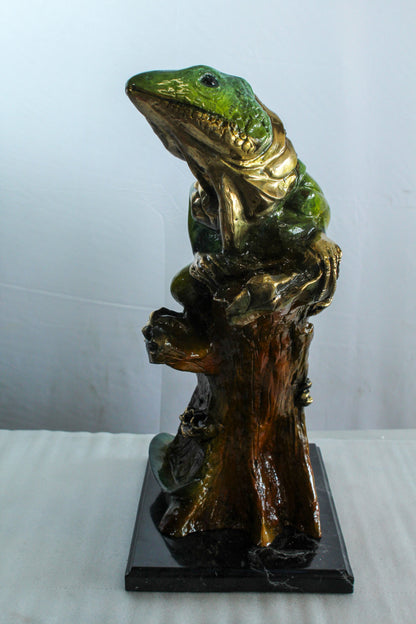 Bronze Iguana Statue on Tree Trunk Mounted on a Marble Base   20" x 7" x 22"H