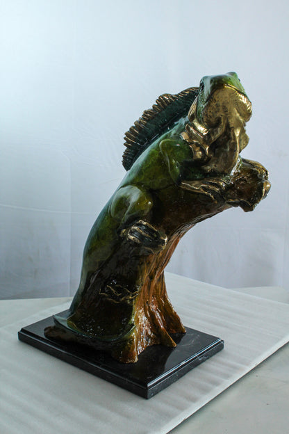Bronze Iguana Statue on Tree Trunk Mounted on a Marble Base   20" x 7" x 22"H