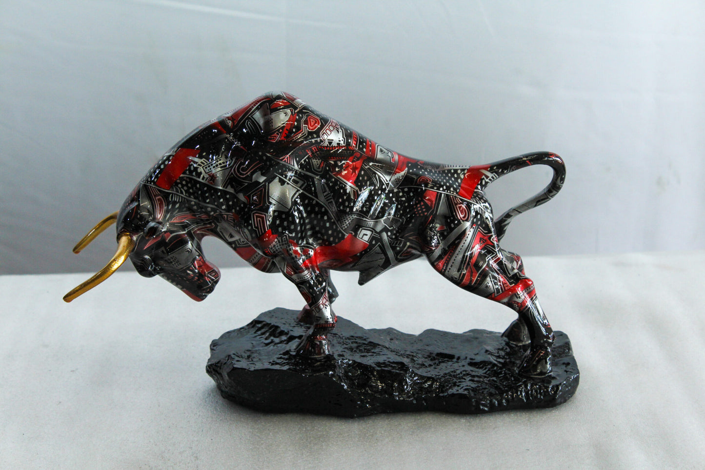 Modern Red Black Resin Bull Statue with Abstract Street Art   14" x 4" x 9"H