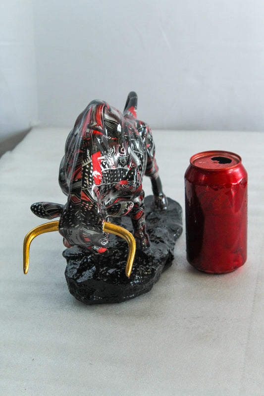 Modern Red Black Resin Bull Statue with Abstract Street Art   14" x 4" x 9"H