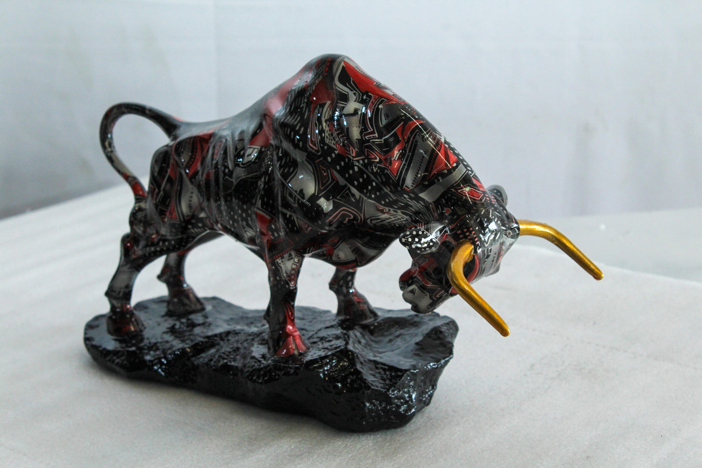 Modern Red Black Resin Bull Statue with Abstract Street Art   14" x 4" x 9"H