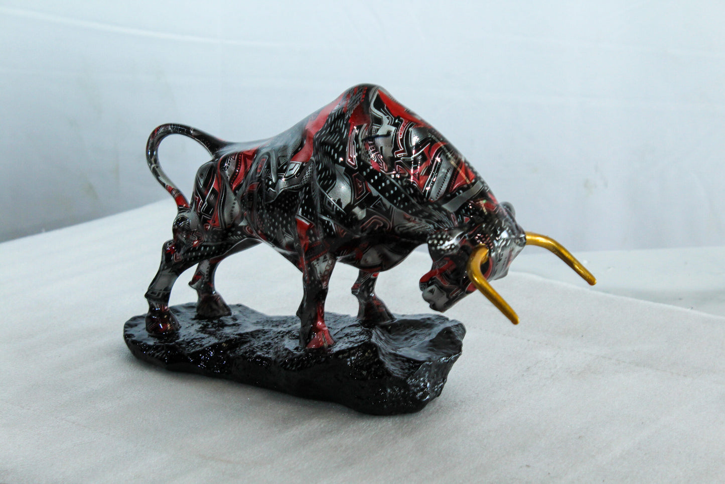 Modern Red Black Resin Bull Statue with Abstract Street Art   14" x 4" x 9"H