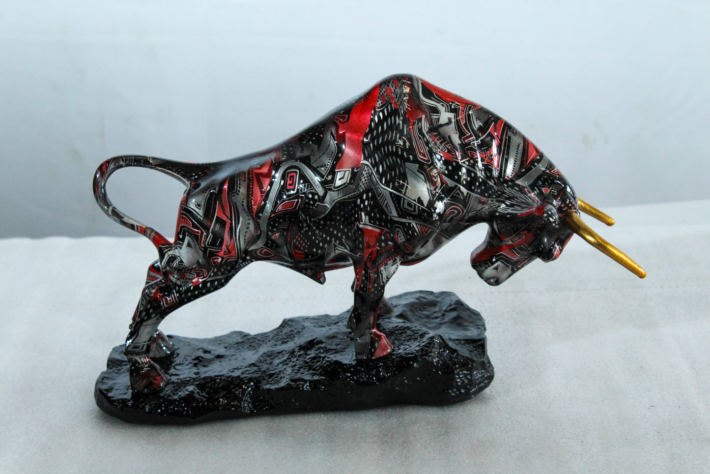 Modern Red Black Resin Bull Statue with Abstract Street Art   14" x 4" x 9"H