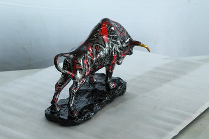Modern Red Black Resin Bull Statue with Abstract Street Art   14" x 4" x 9"H