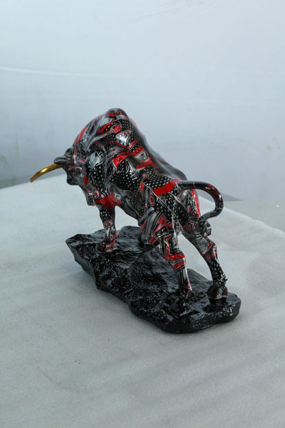 Modern Red Black Resin Bull Statue with Abstract Street Art   14" x 4" x 9"H