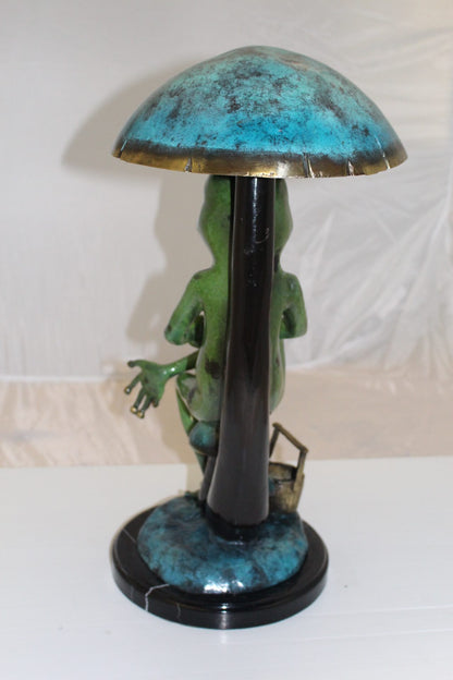 Frog with Umbrella Bronze Statue -  Size: 11"L x 10"W x 22"H. 