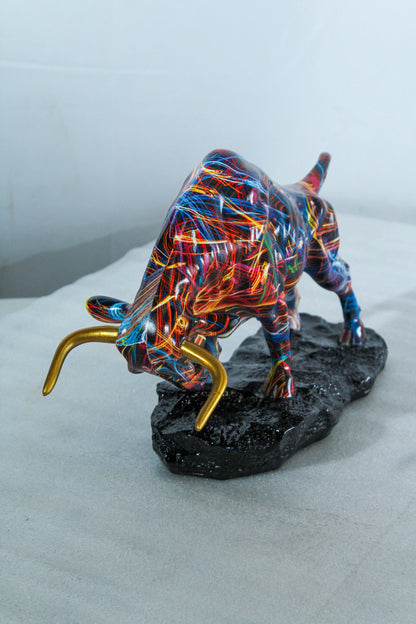 Colorful Resin Bull Statue with Streak Pattern and Gold Horns   14" x 4" x 9"H