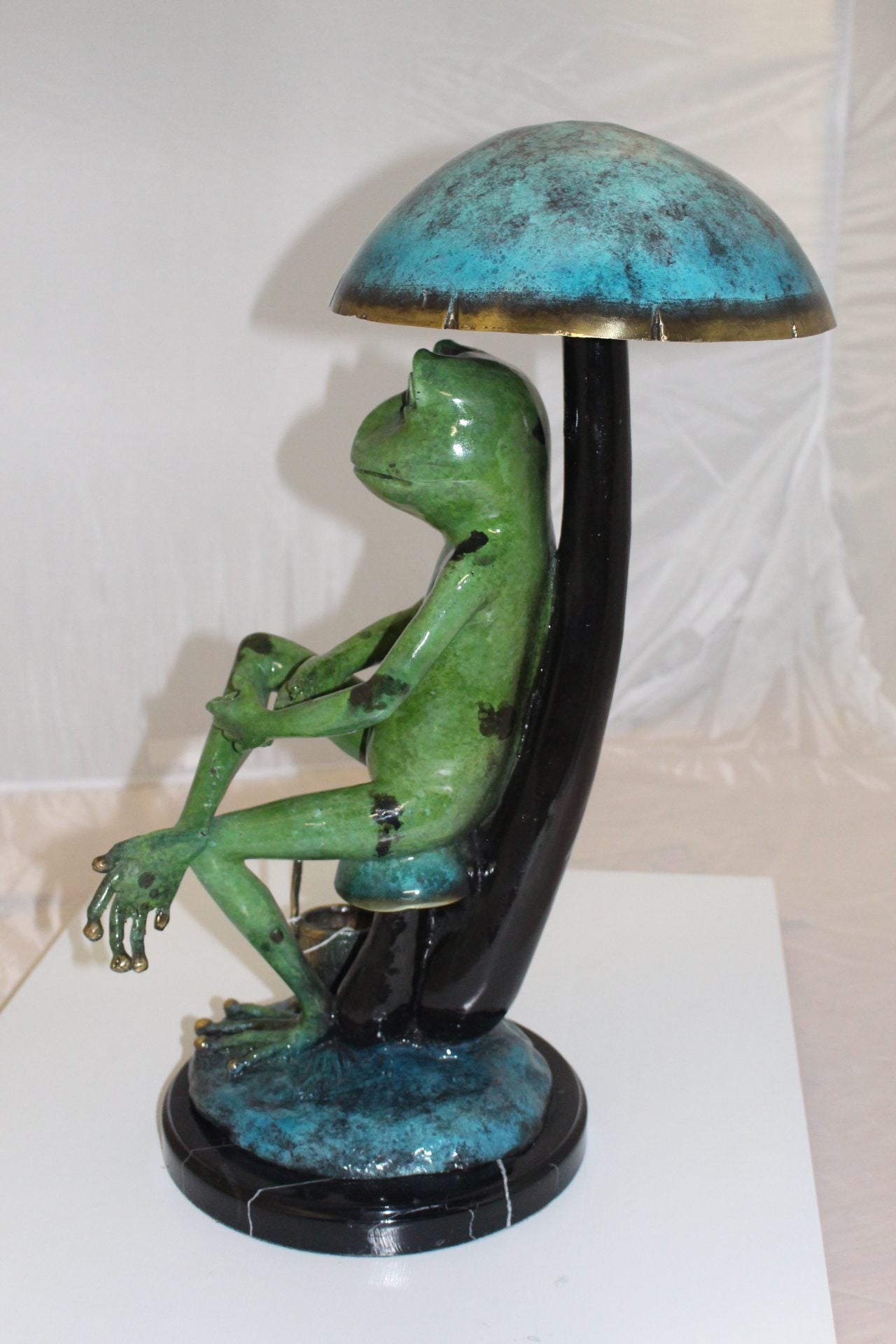 Frog with Umbrella Bronze Statue -  Size: 11"L x 10"W x 22"H. 