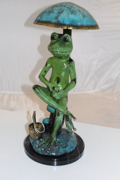 Frog with Umbrella Bronze Statue -  Size: 11"L x 10"W x 22"H. 