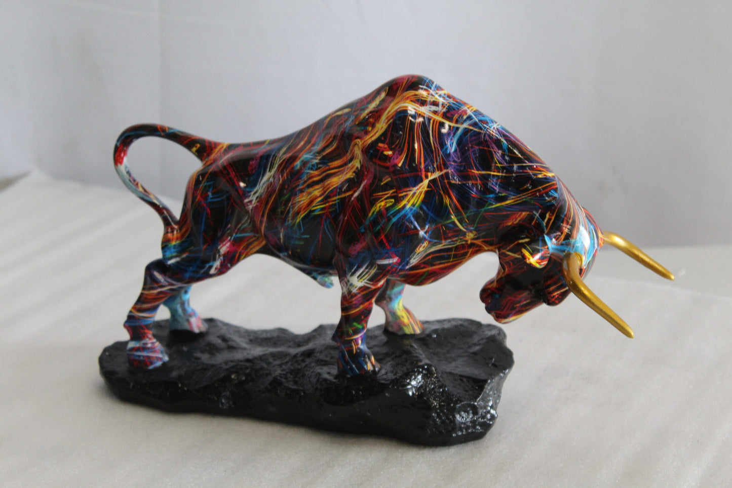Colorful Resin Bull Statue with Streak Pattern and Gold Horns   14" x 4" x 9"H