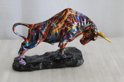 Colorful Resin Bull Statue with Streak Pattern and Gold Horns   14" x 4" x 9"H
