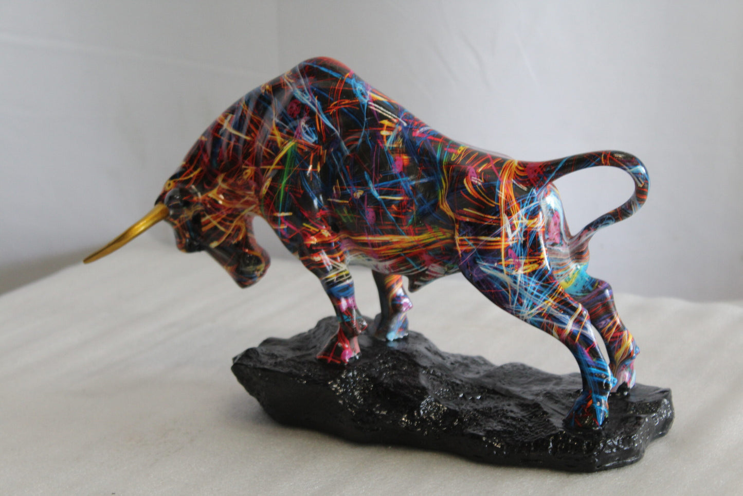 Colorful Resin Bull Statue with Streak Pattern and Gold Horns   14" x 4" x 9"H
