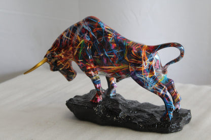 Colorful Resin Bull Statue with Streak Pattern and Gold Horns   14" x 4" x 9"H