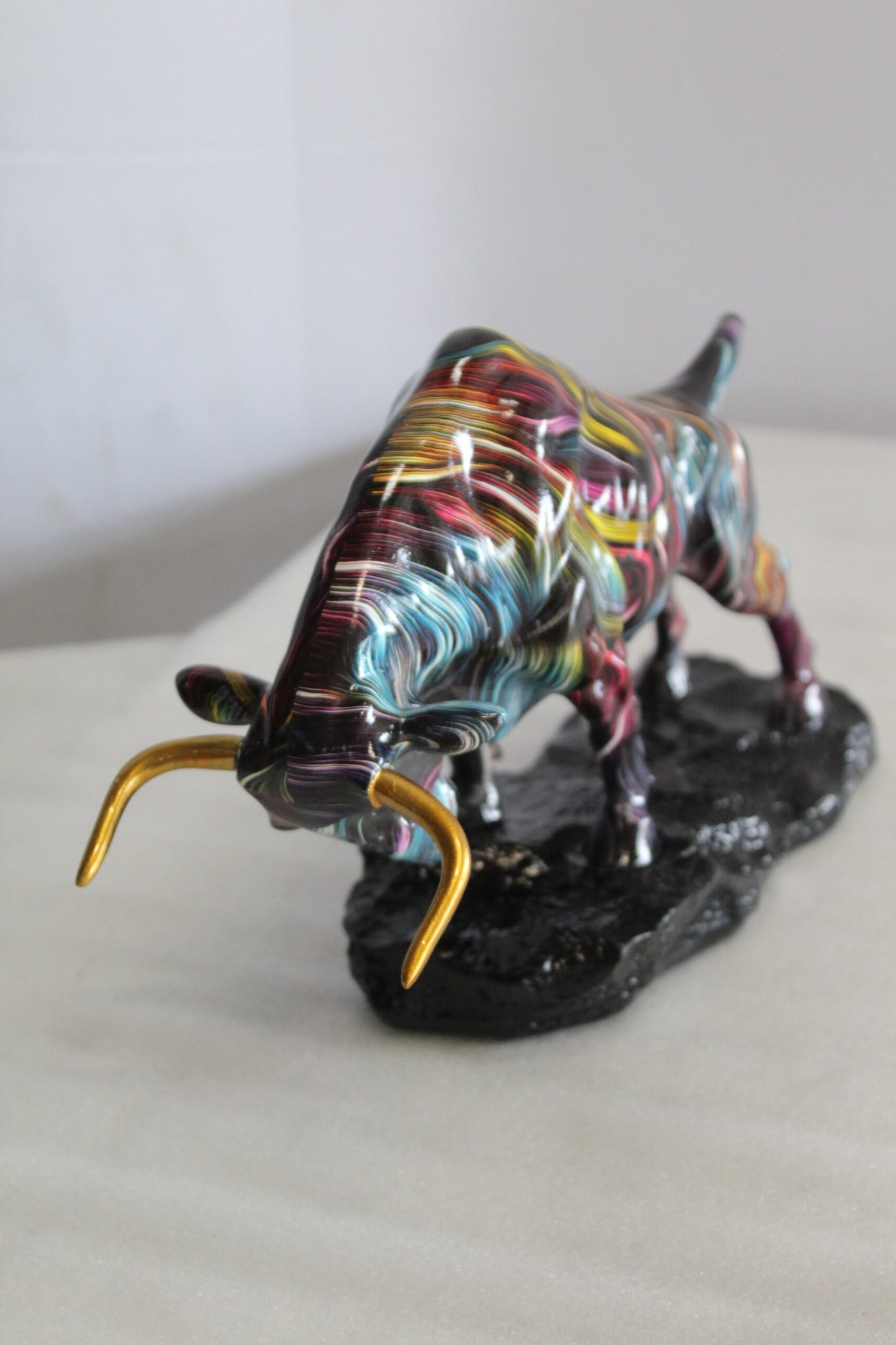 Resin Bull Statue with Swirling Multicolor Lines and Gold Horns   14" x 4" x 9"H