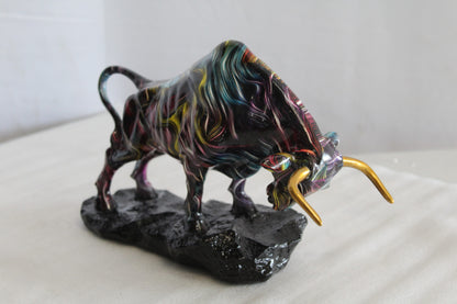 Resin Bull Statue with Swirling Multicolor Lines and Gold Horns   14" x 4" x 9"H