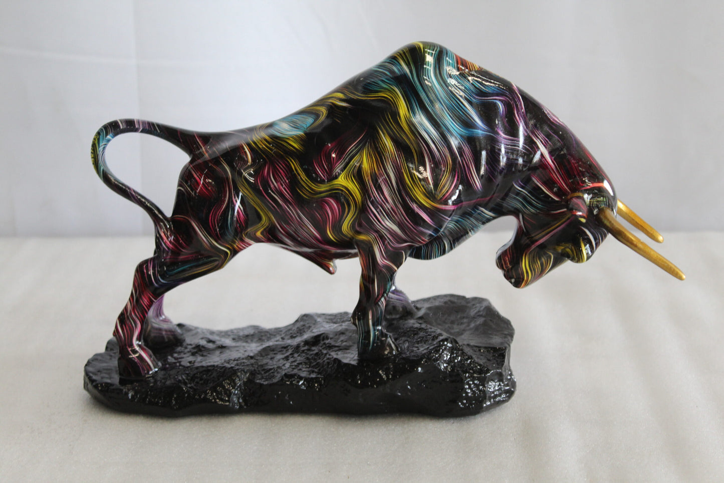 Resin Bull Statue with Swirling Multicolor Lines and Gold Horns   14" x 4" x 9"H