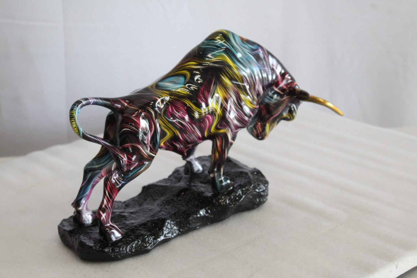 Resin Bull Statue with Swirling Multicolor Lines and Gold Horns   14" x 4" x 9"H