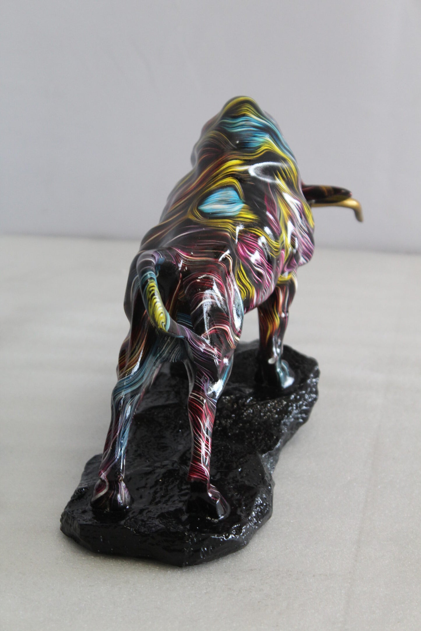 Resin Bull Statue with Swirling Multicolor Lines and Gold Horns   14" x 4" x 9"H
