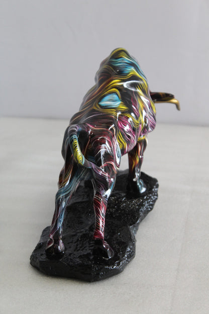 Resin Bull Statue with Swirling Multicolor Lines and Gold Horns   14" x 4" x 9"H