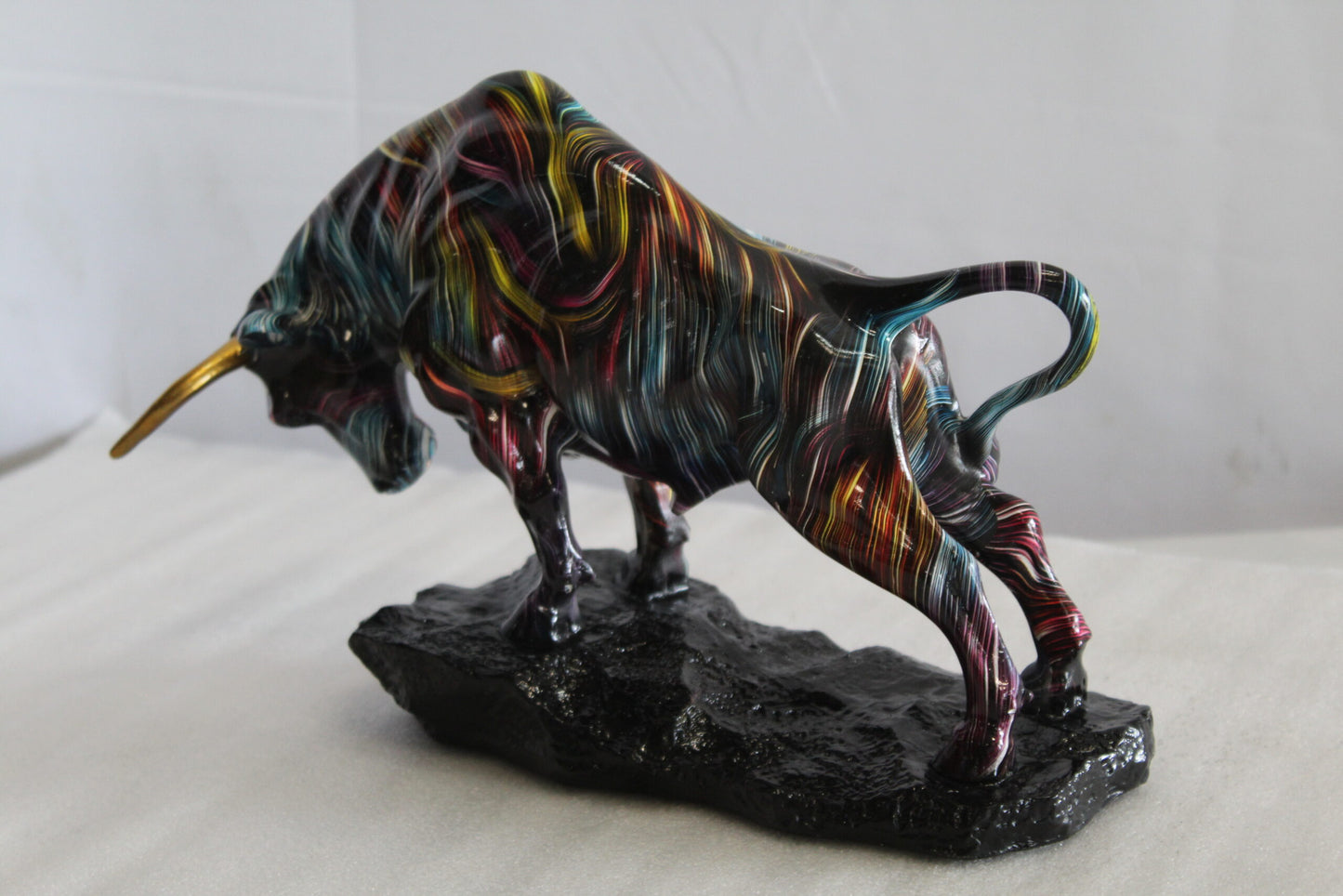 Resin Bull Statue with Swirling Multicolor Lines and Gold Horns   14" x 4" x 9"H