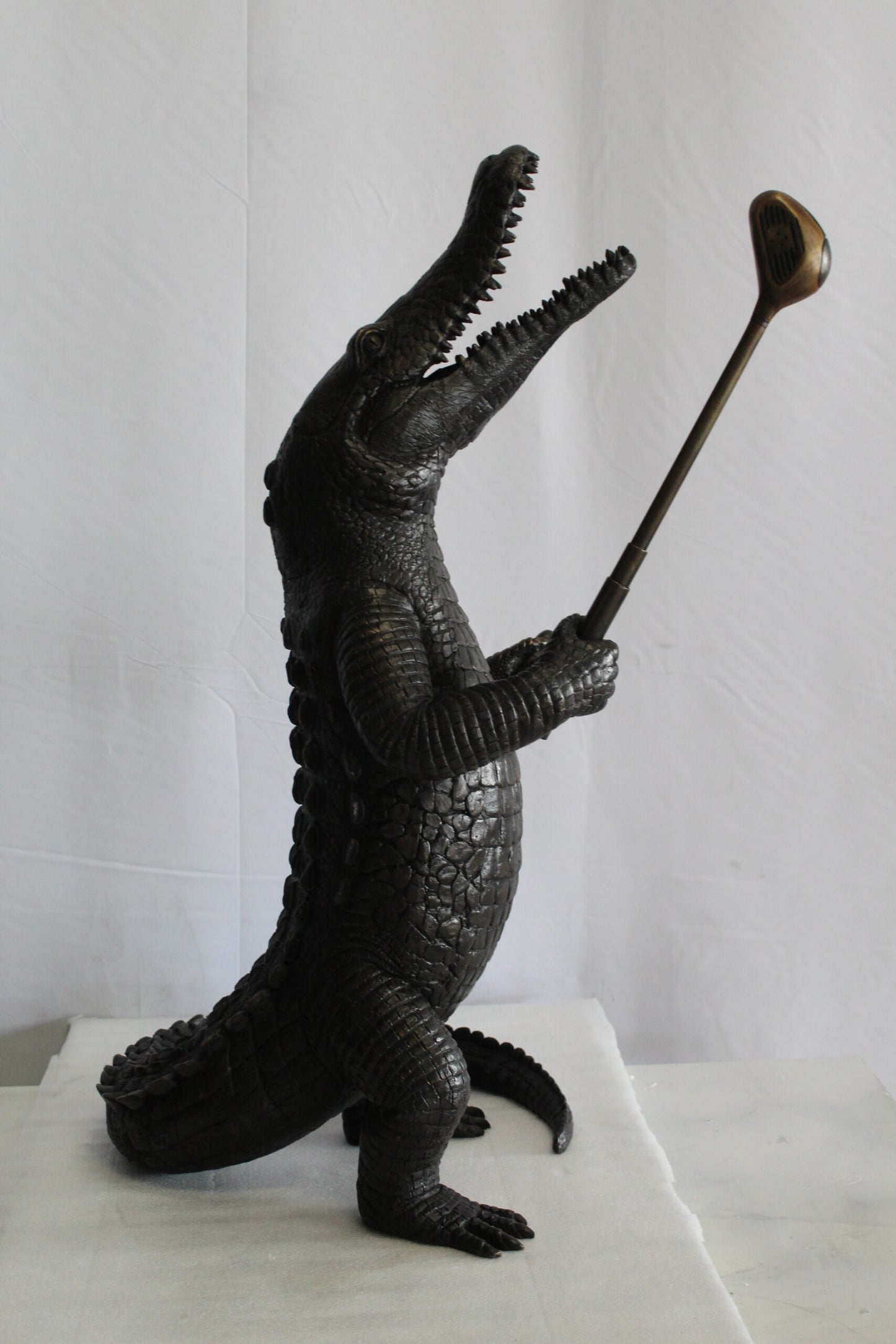 Bronze Alligator having Fun Statue Holding Golf Club 19" x 23" x 36"H