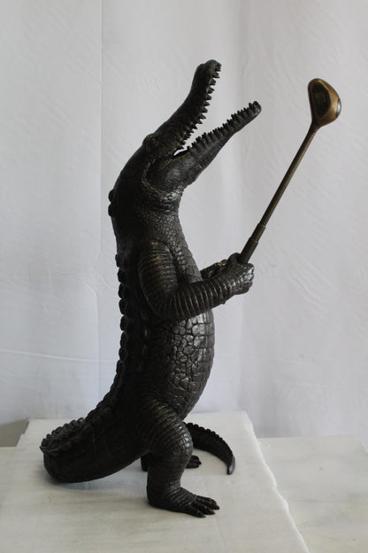 Bronze Alligator having Fun Statue Holding Golf Club 19" x 23" x 36"H