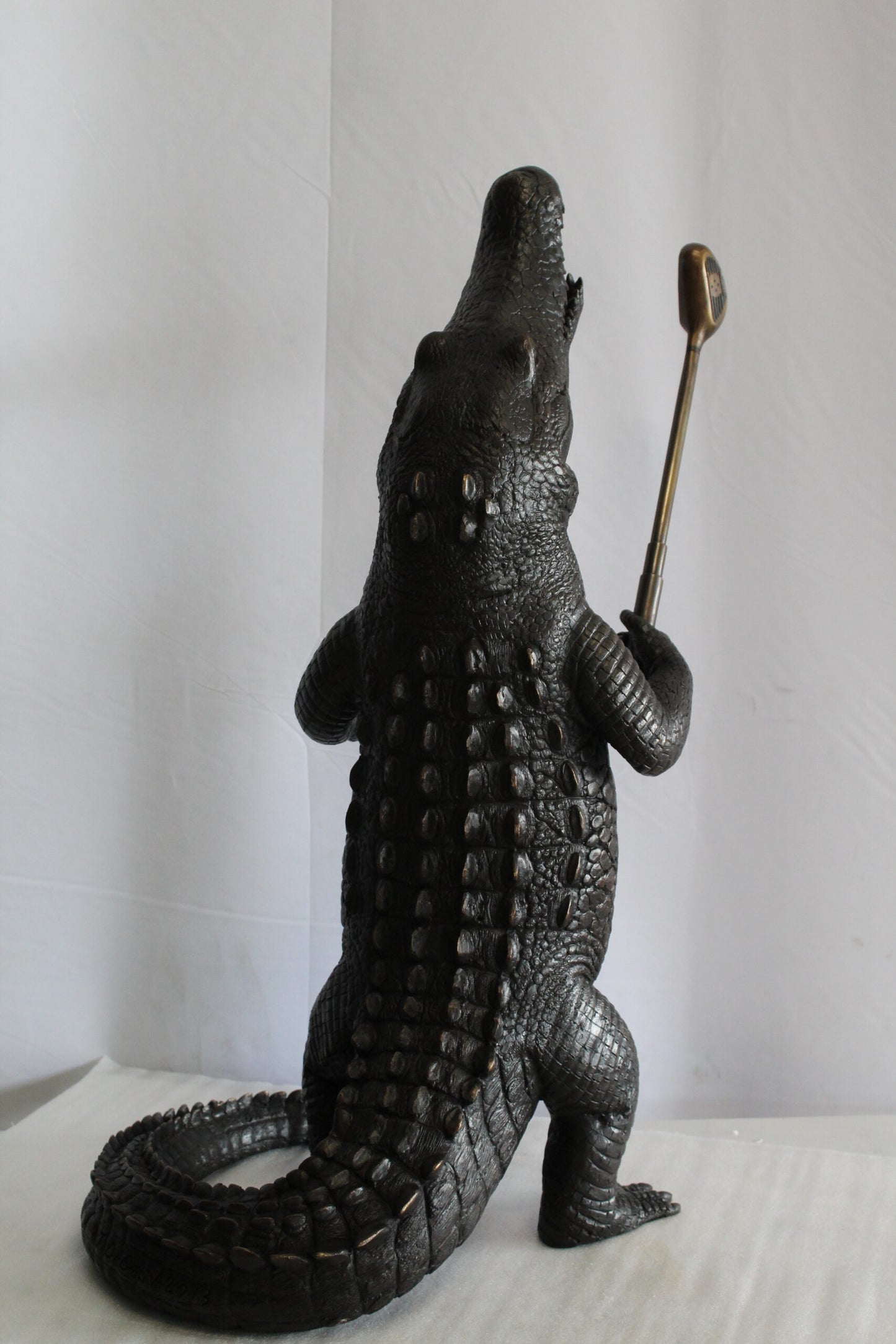Bronze Alligator having Fun Statue Holding Golf Club 19" x 23" x 36"H