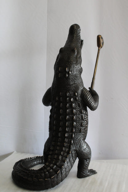 Bronze Alligator having Fun Statue Holding Golf Club 19" x 23" x 36"H