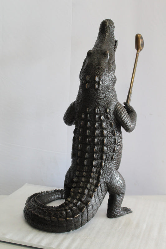 Bronze Alligator having Fun Statue Holding Golf Club 19" x 23" x 36"H