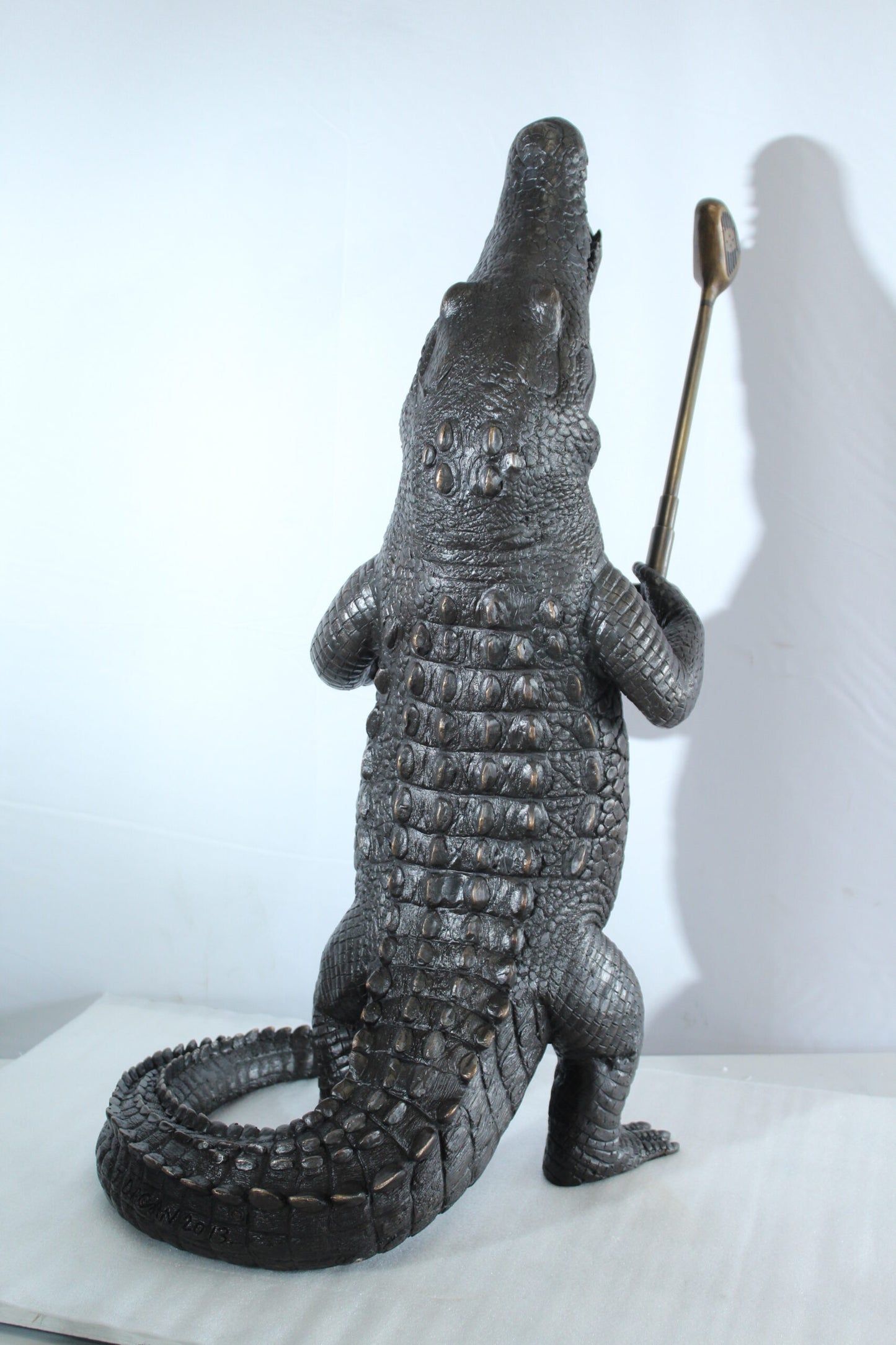 Bronze Alligator having Fun Statue Holding Golf Club 19" x 23" x 36"H