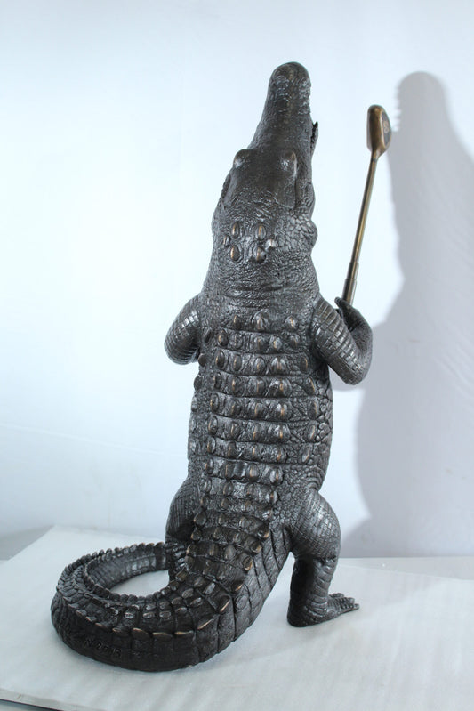 Bronze Alligator having Fun Statue Holding Golf Club 19" x 23" x 36"H