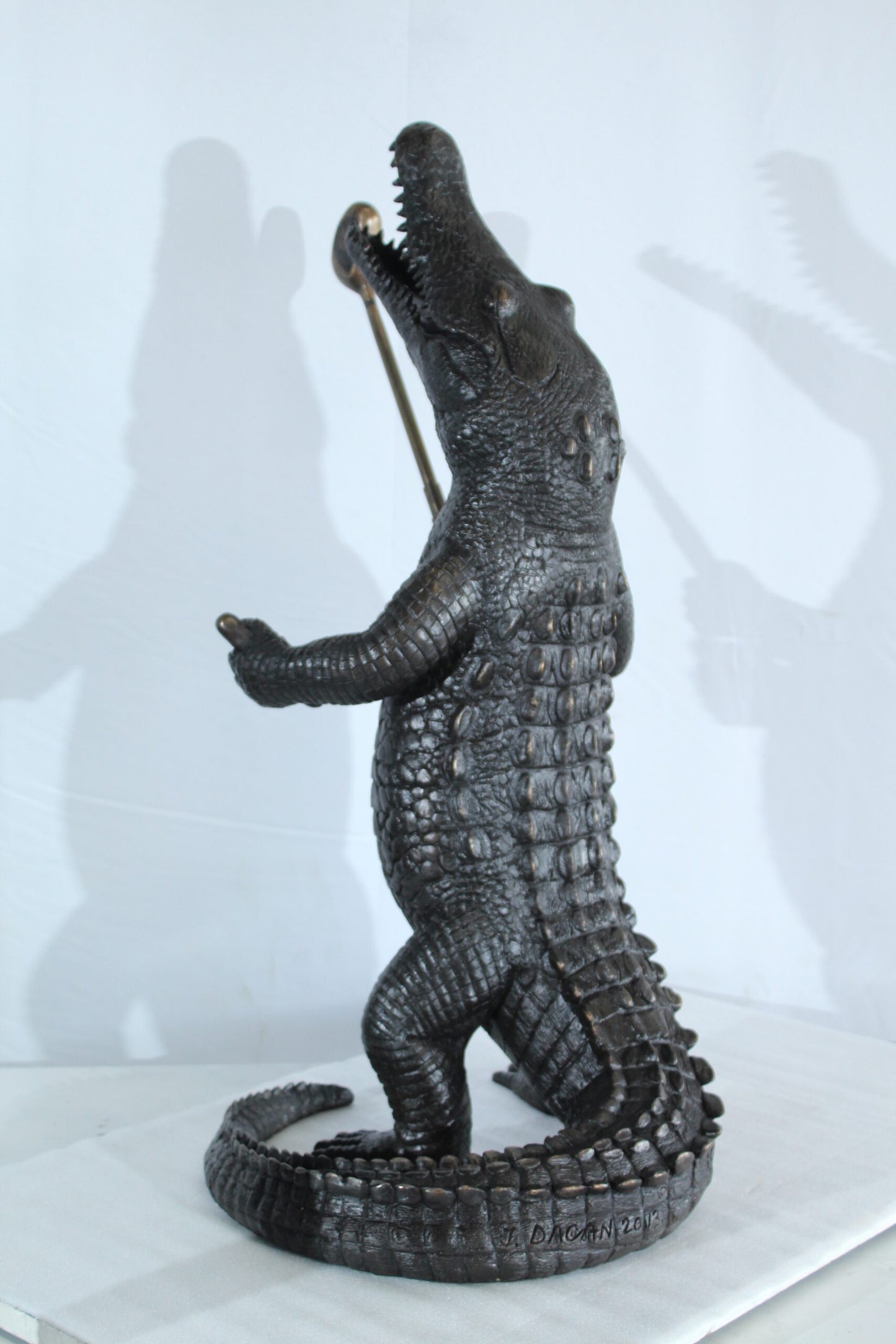 Bronze Alligator having Fun Statue Holding Golf Club 19" x 23" x 36"H