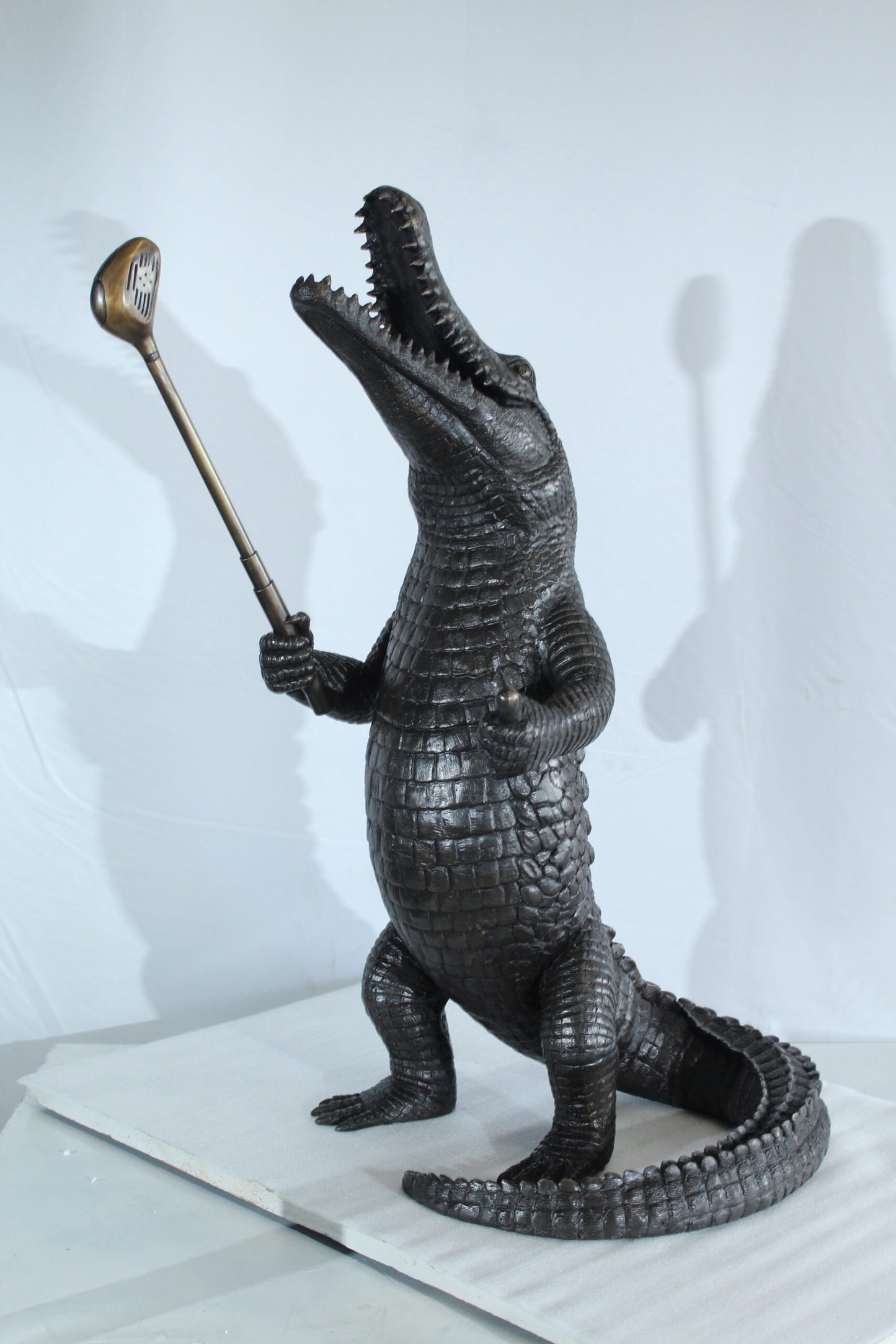 Bronze Alligator having Fun Statue Holding Golf Club 19" x 23" x 36"H
