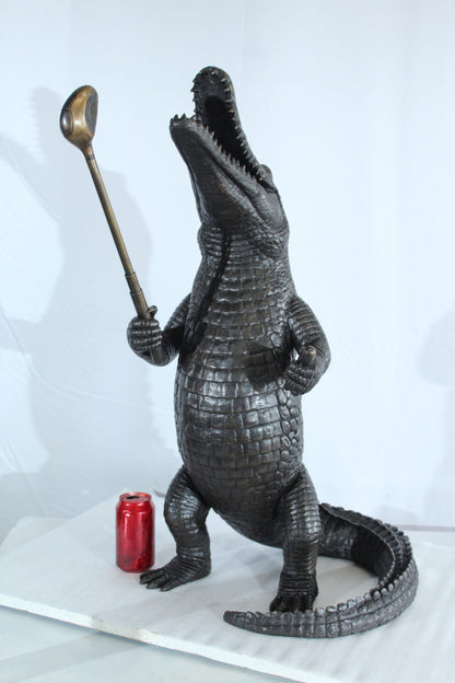 Bronze Alligator having Fun Statue Holding Golf Club 19" x 23" x 36"H
