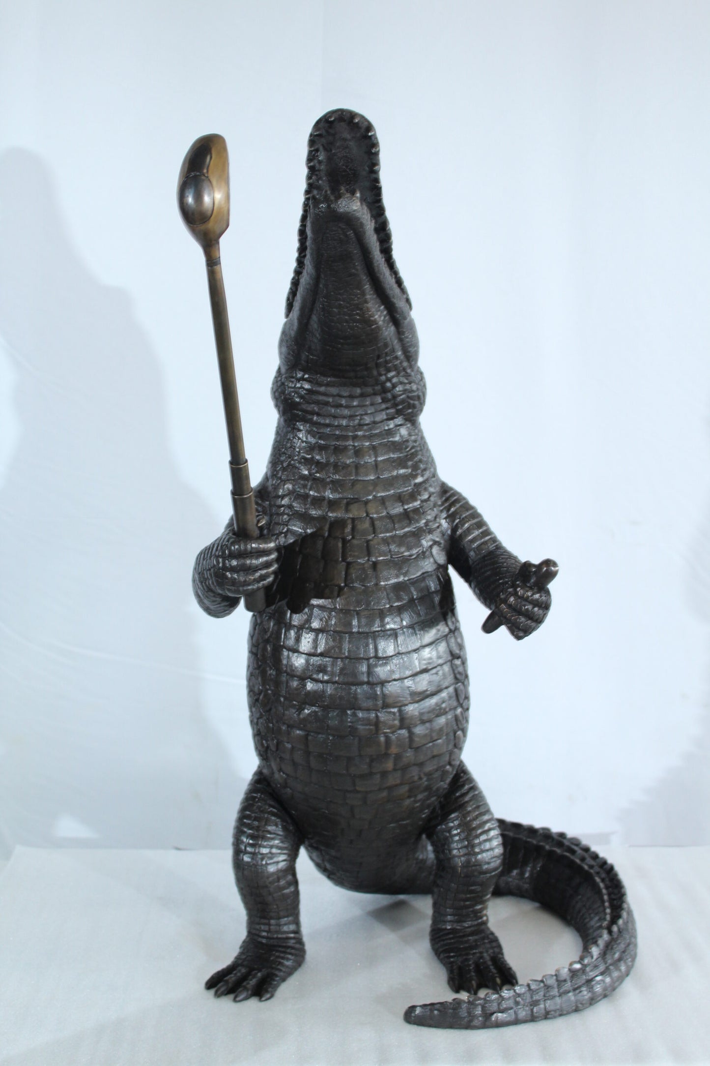 Bronze Alligator having Fun Statue Holding Golf Club 19" x 23" x 36"H