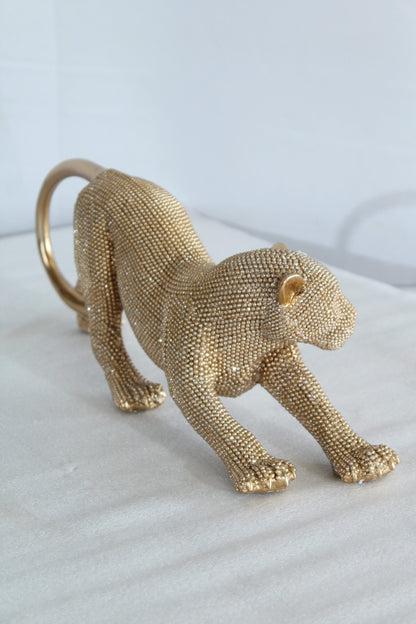 Elegant Gold Resin Panther Statue in Stretching Pose 15" x 4" x 6"H