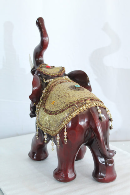 Resin Elephant Statue with Gold Saddle and Raised Trunk 19" x 10" x 22"H