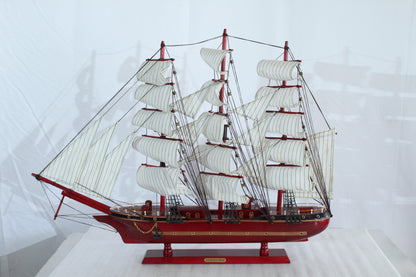 Red Wooden Sailboat Model with Cloth Sails and Details 33" x 6" x 24"H