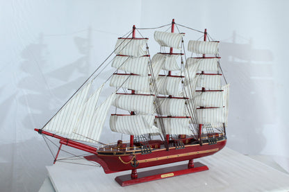 Red Wooden Sailboat Model with Cloth Sails and Details 33" x 6" x 24"H