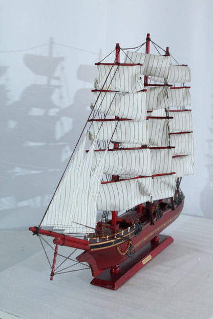 Red Wooden Sailboat Model with Cloth Sails and Details 33" x 6" x 24"H