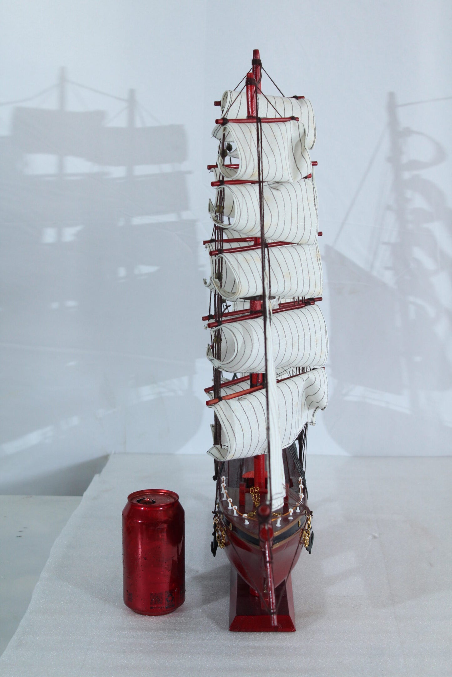 Red Wooden Sailboat Model with Cloth Sails and Details 33" x 6" x 24"H