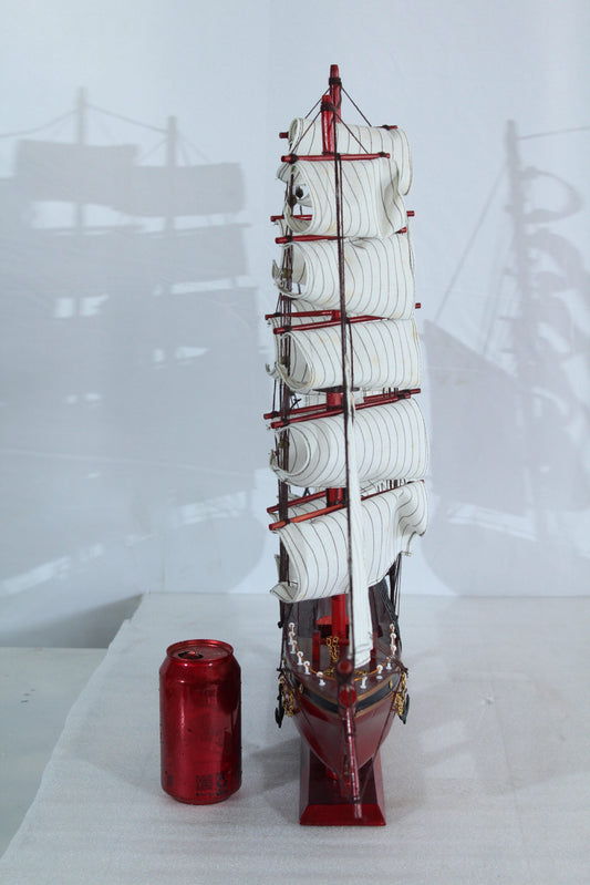 Red Wooden Sailboat Model with Cloth Sails and Details 33" x 6" x 24"H