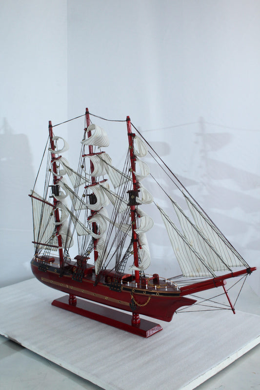 Red Wooden Sailboat Model with Cloth Sails and Details 33" x 6" x 24"H