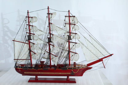 Red Wooden Sailboat Model with Cloth Sails and Details 33" x 6" x 24"H