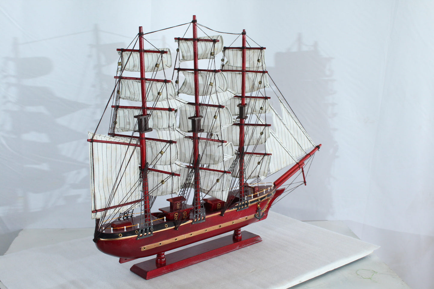 Red Wooden Sailboat Model with Cloth Sails and Details 33" x 6" x 24"H