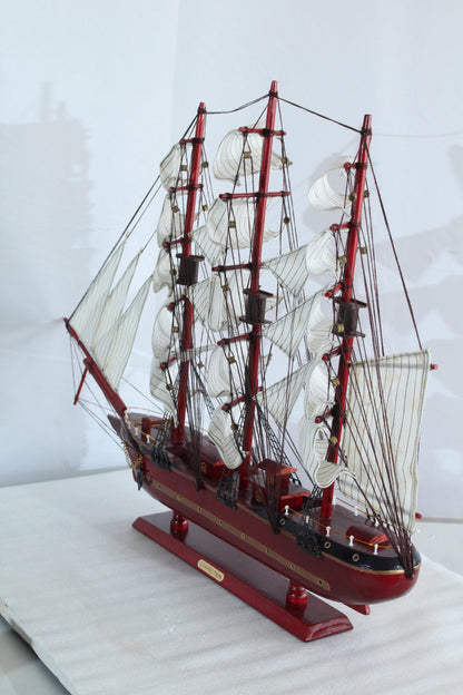 Red Wooden Sailboat Model with Cloth Sails and Details 33" x 6" x 24"H