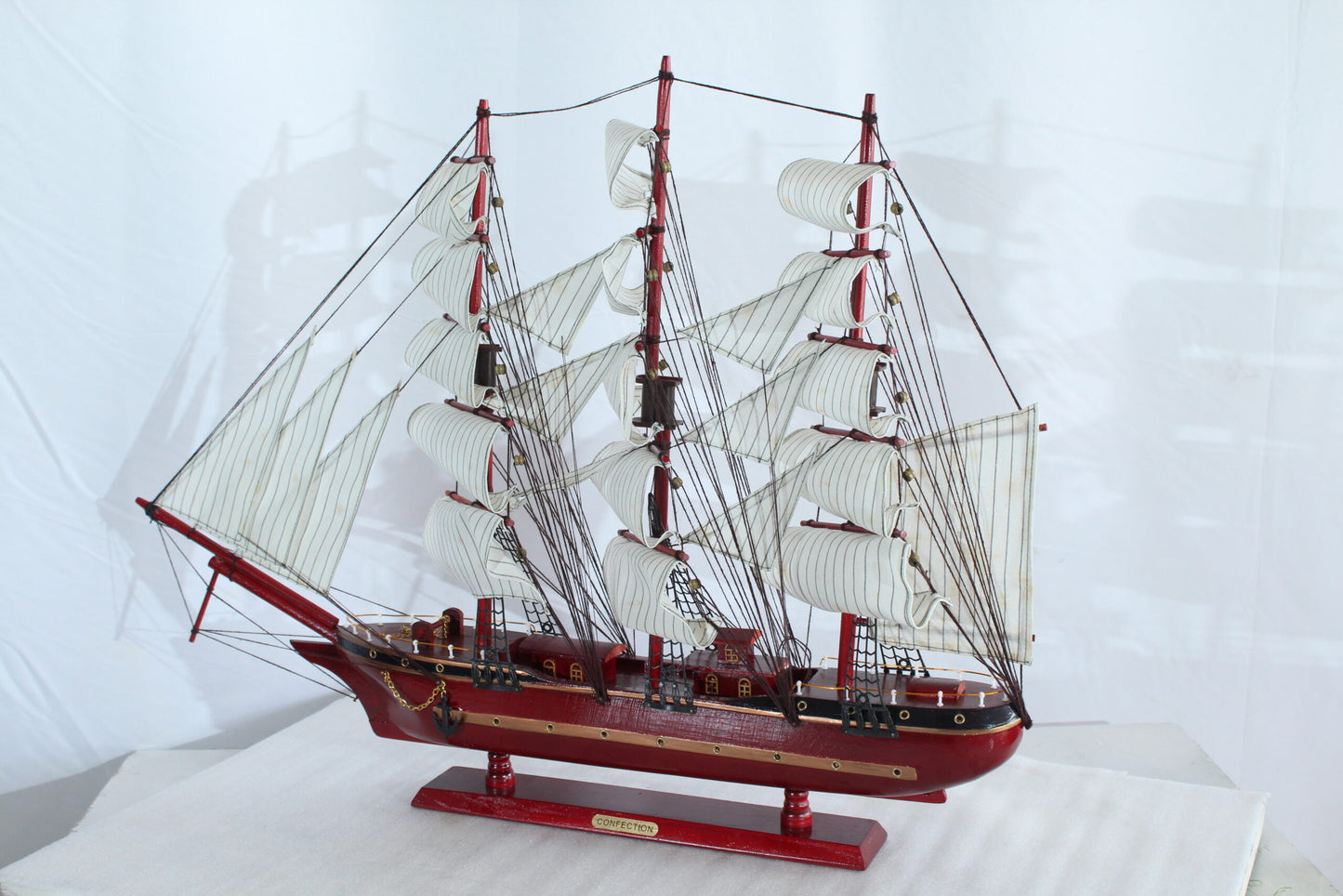 Red Wooden Sailboat Model with Cloth Sails and Details 33" x 6" x 24"H