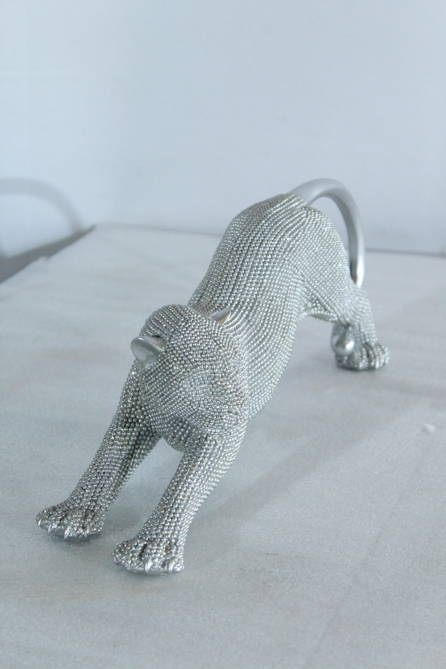 Silver Stretching Panther Resin Statue with Beaded Texture 15" x 4" x 6"H