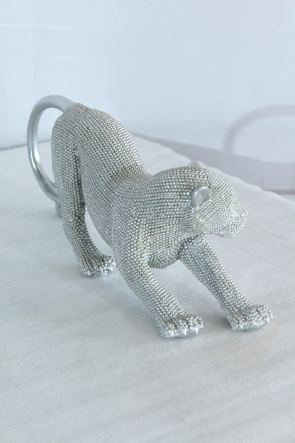 Silver Stretching Panther Resin Statue with Beaded Texture 15" x 4" x 6"H