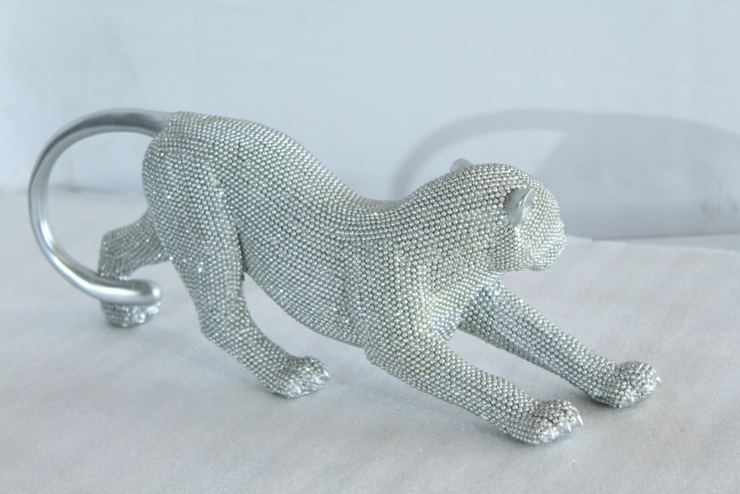 Silver Stretching Panther Resin Statue with Beaded Texture 15" x 4" x 6"H